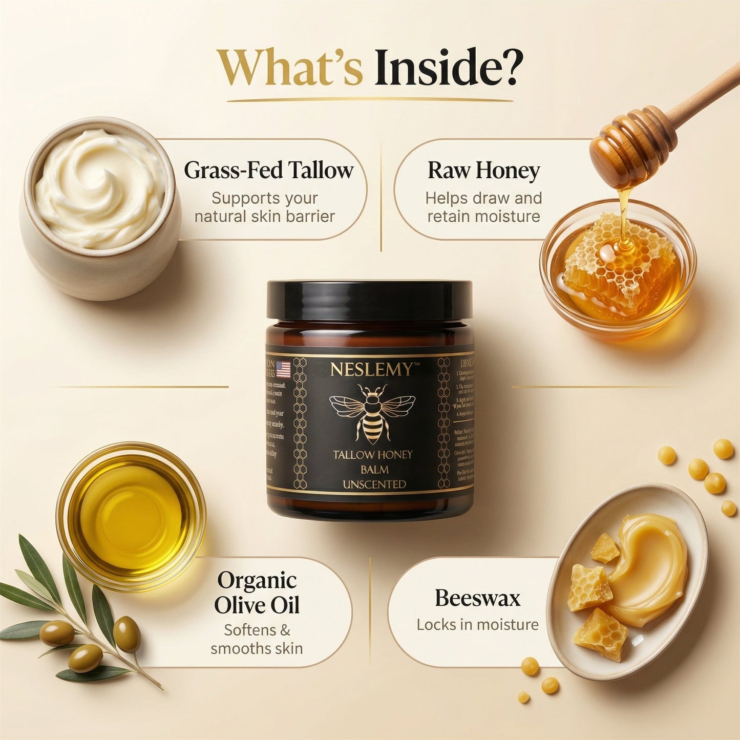 NESLEMY Organic Tallow Honey Balm to Help Erase Fine Lines, Wrinkles, and Age Spots